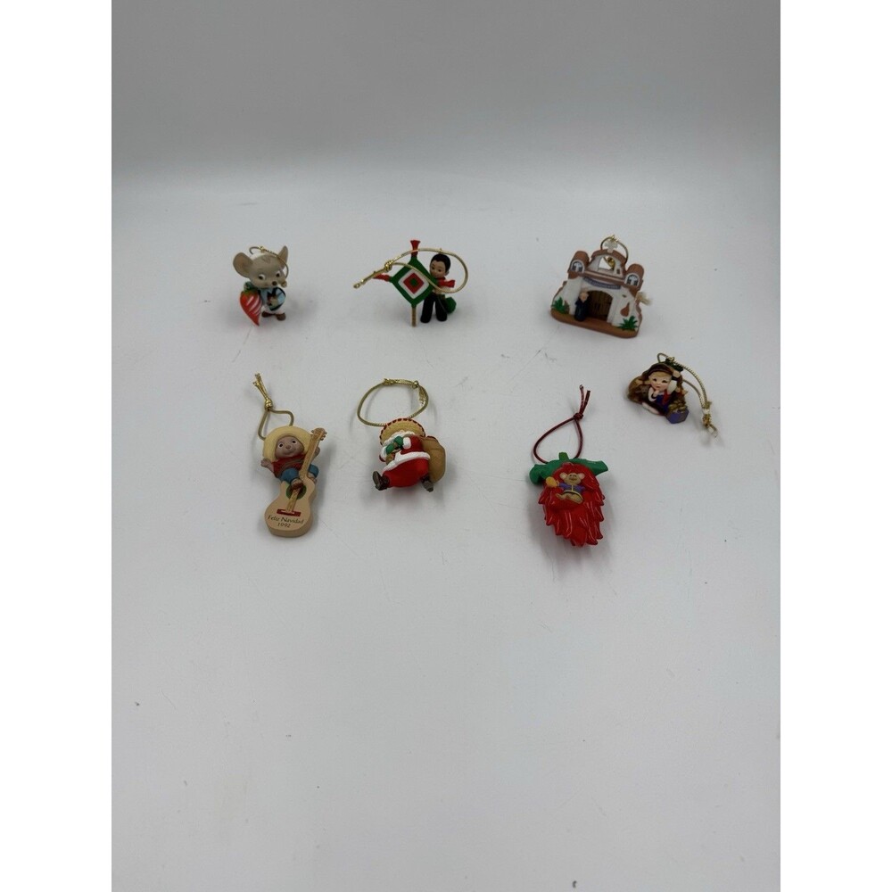 Lot of 7 Vintage Hallmark Feliz Navidad Christmas Ornaments Santa, Mouse NO BOX